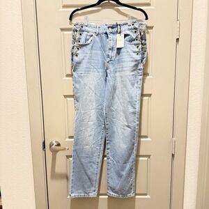 Forever 21 Light Wash Jeans Size 30 NWT Silver Grommet Chain Detail Y2K Straight